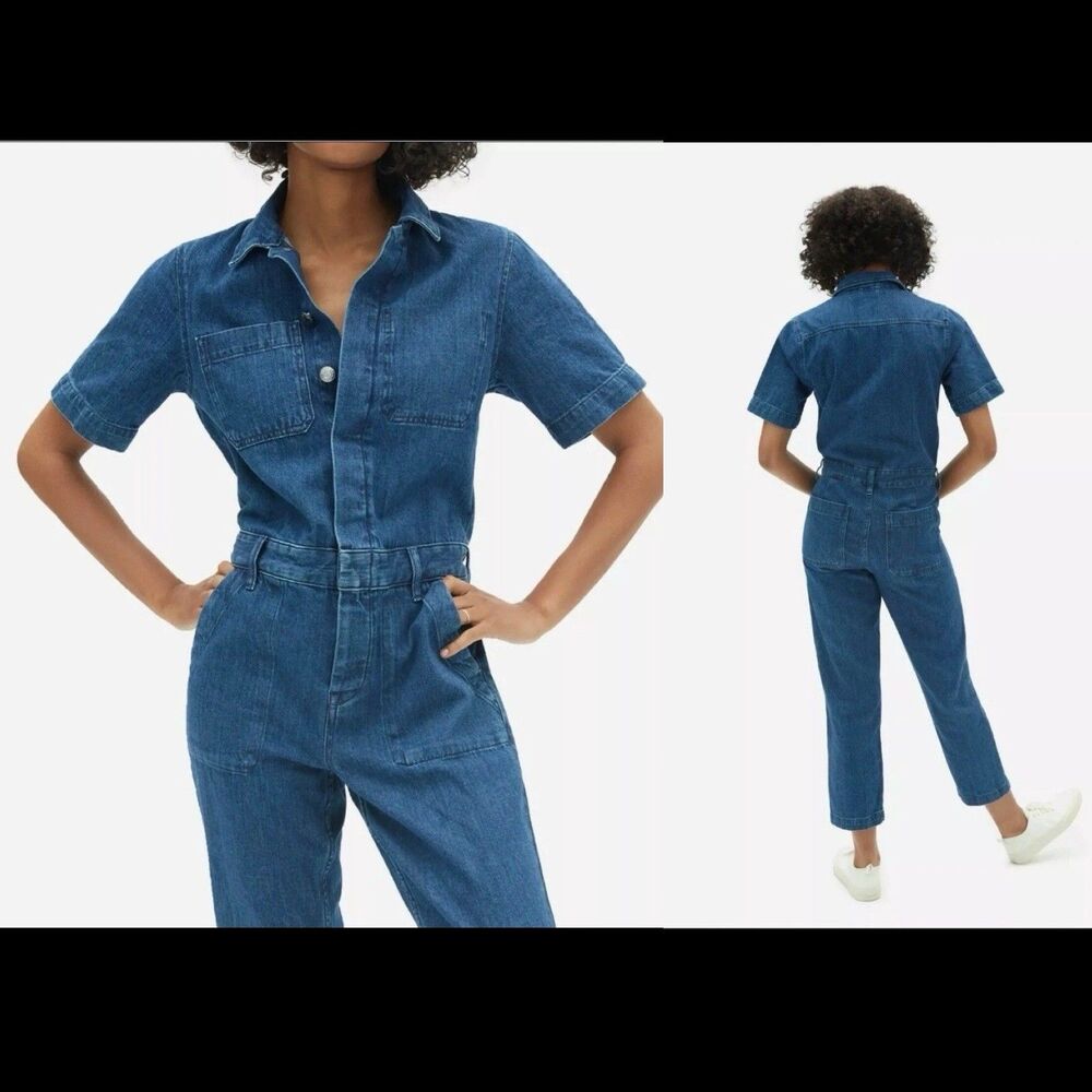 Everlane Super-Soft Coverall Blue Denim Jumpsuit Raw Hem Organic Cotton Size 4